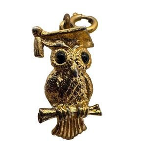Vintage Monet Gold Tone Graduation Owl Charm with Diploma and Mortarboard